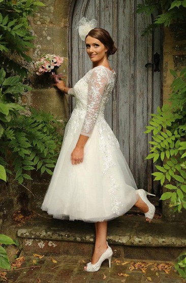 Jewel 3 4 Length Sleeve Low V Back Tea Length Lace Wedding Dress