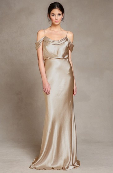 Floor-Length Spaghetti Sleeveless Satin Bridesmaid Dress With Low-V Back