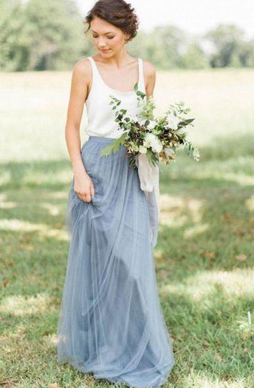 Sleeveless A-line Long Tulle Gown with Pleats and Scoop Neck