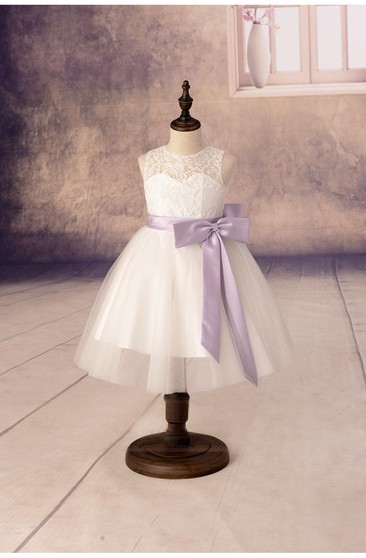 Sleeveless High Neck A-line Tulle Dresses With Lace Top and Satin Sash