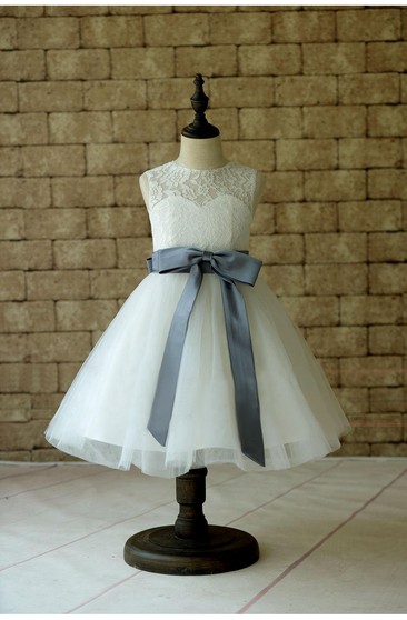 Ivory Lace Tulle Flower Girl Dress With Gray Sash and Bow