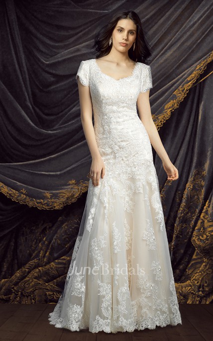 Modest Short Sleeve Lace Wedding Dress June Bridals 5002