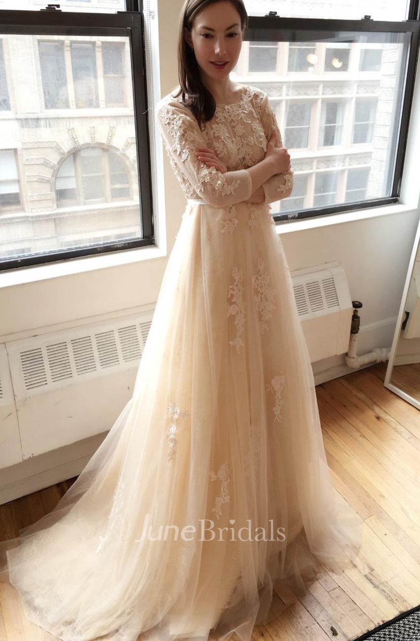 Light Creamy Champagne Long Sleeve Deep V Lace Wedding Dress