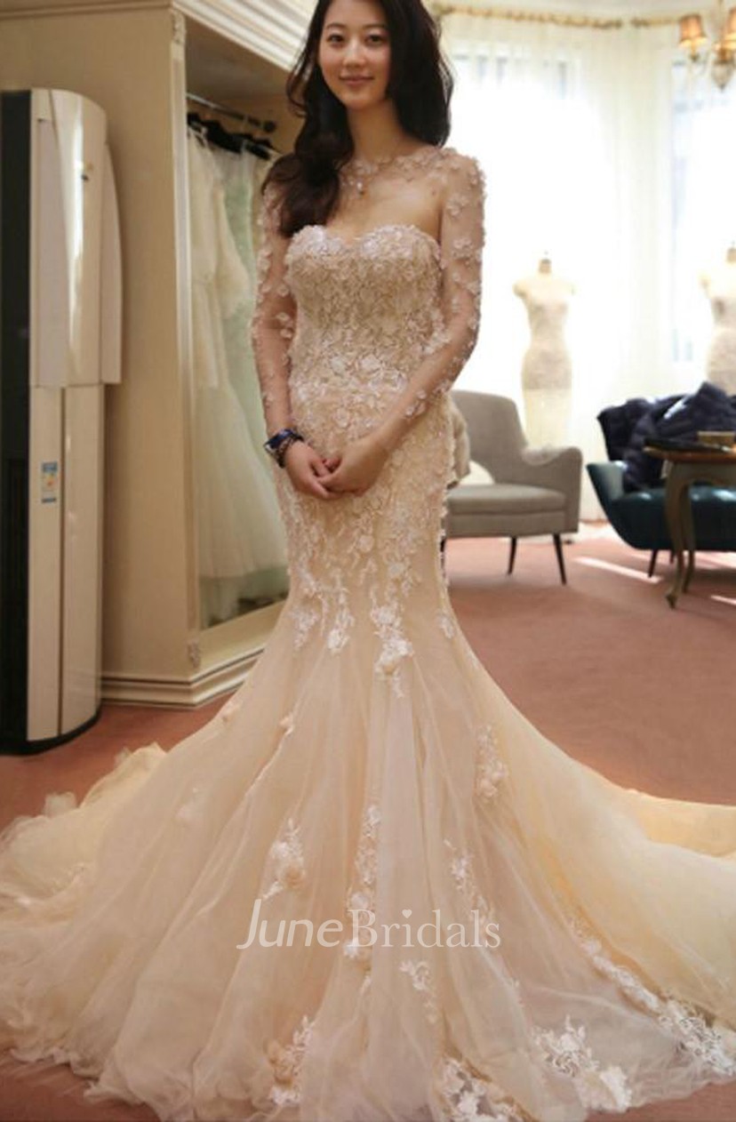 Designer Open Back Sheer Flowers Long Sleeve Mermaid Wedding Dress